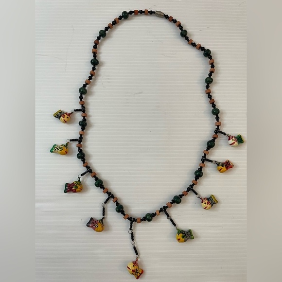 Jewelry - Necklace With Wood Beads & Colorful Wooden Painted Fish Novelty